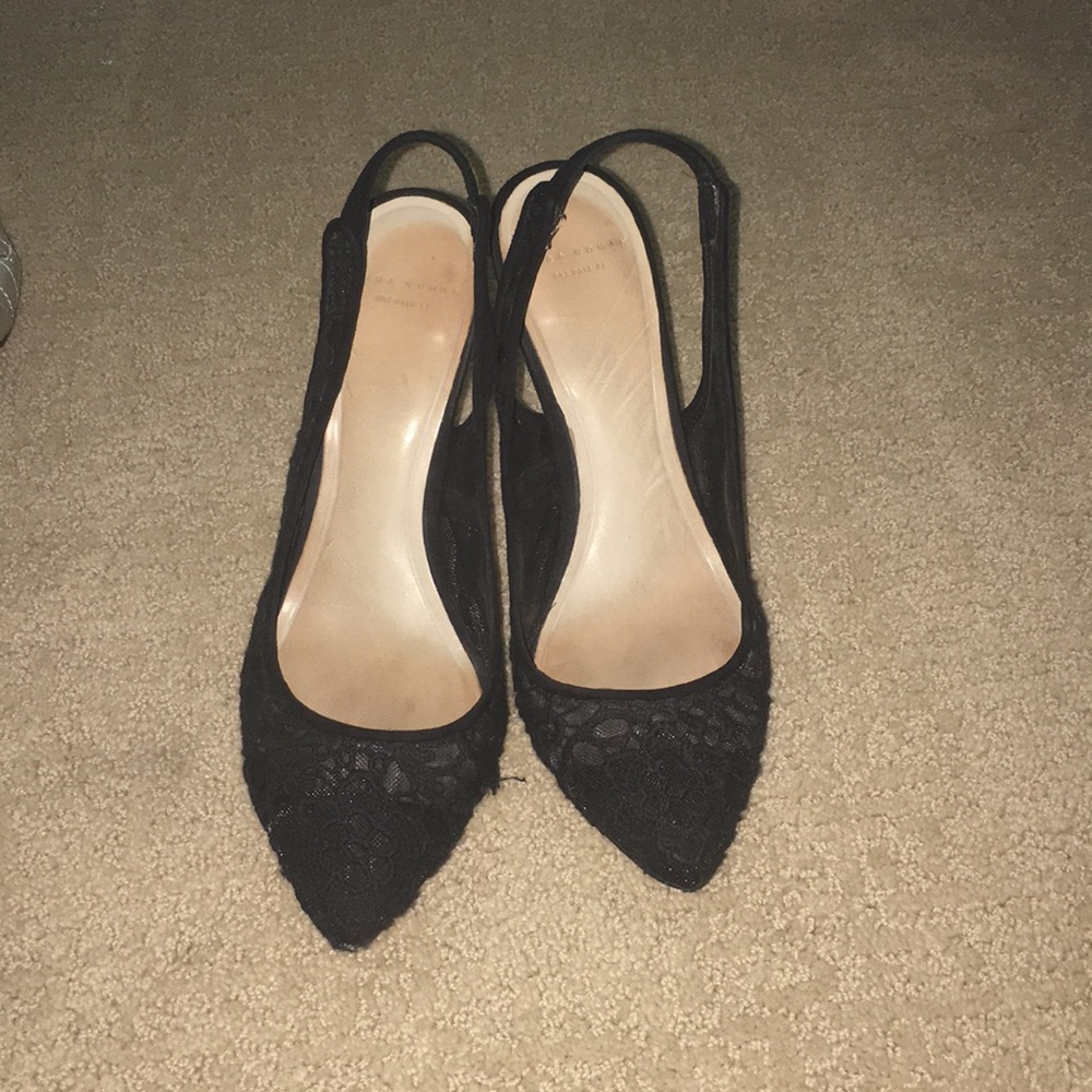 Zara black lace sling back heels